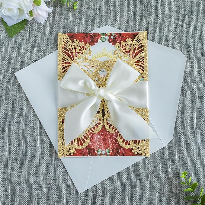 20 PCS 5.12x7.2 Butterfly Quinceanera Invitation, Laser Cut Wedding Invitation by FEIYI