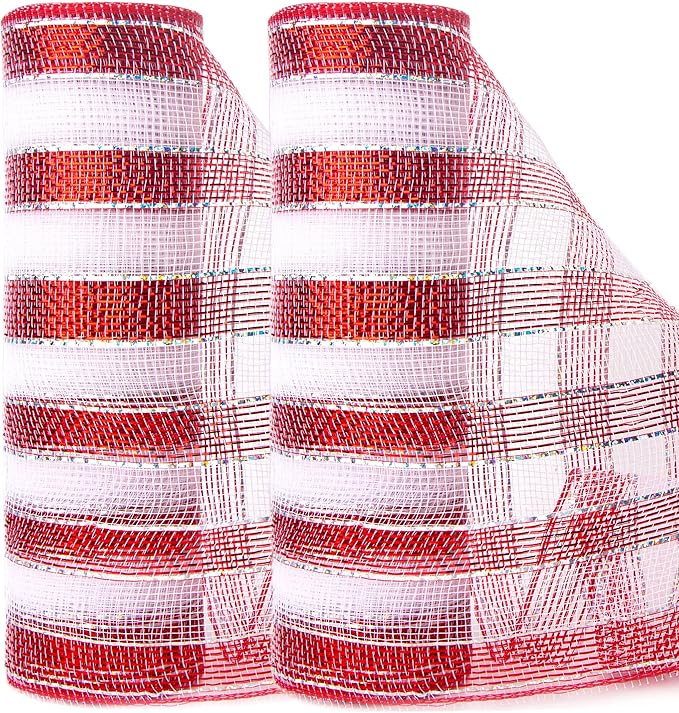 Ribbli 2 Rolls Red and White Stripe Metallic Mesh Ribbon, 10 inch x 30 feet by Ribbli