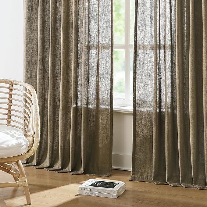 Vision Home Brown Pinch Pleated Semi Sheer Curtains Textured Linen Blended - Image 3