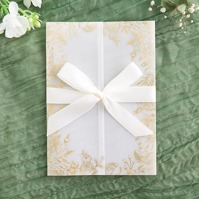 PONATIA 50 PCS Vellum Jackets for 5x7 Invitations- 135gsm Gold Foil Print - Image 7