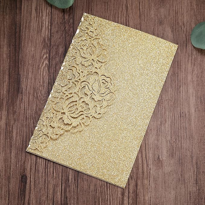 DORIS HOME 50pcs Laser Cut Quinceanera Invitations Gold Glitter, 4.7x7.1 Blank - Image 6
