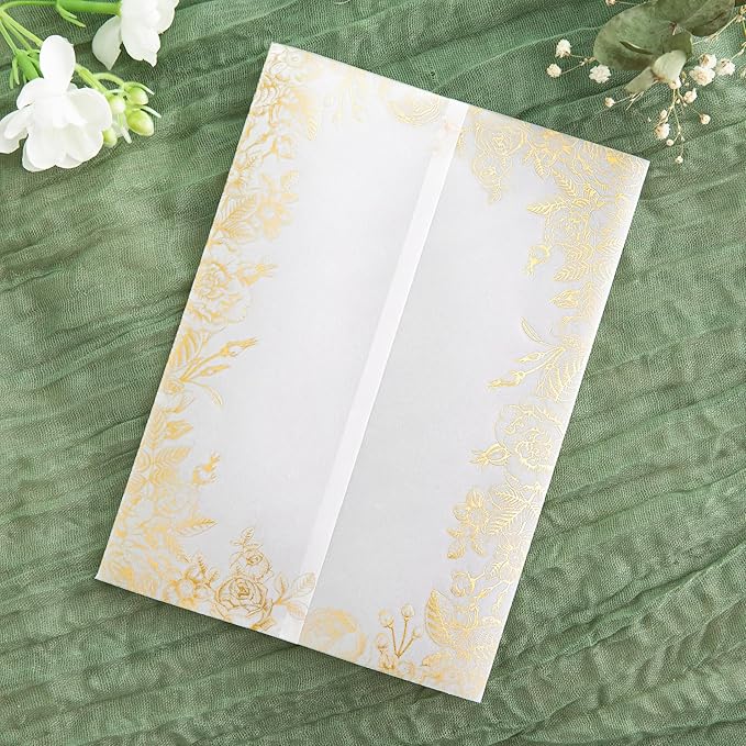 PONATIA 50 PCS Vellum Jackets for 5x7 Invitations- 135gsm Gold Foil Print - Image 6
