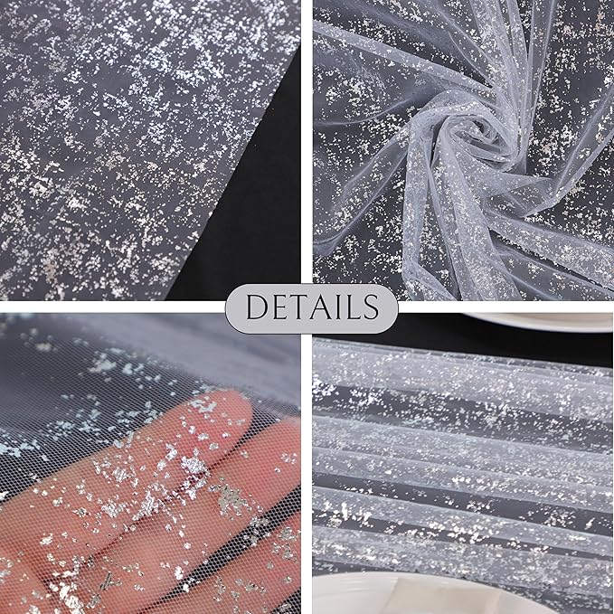 Snowkingdom 10 FT White Silver Cheesecloth Table Runner, Sequin Metallic Foil - Image 6