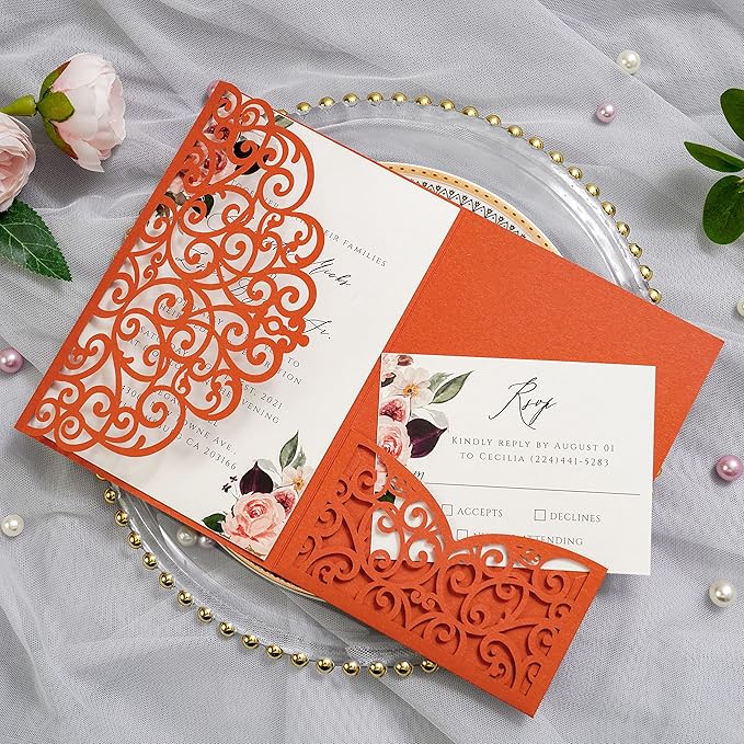 PONATIA 20 PCS Laser Cut Invitations Pockets, Terracotta Wedding Invitations - Image 2