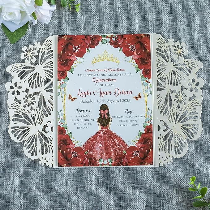 20 PCS 5.12x7.2 Butterfly Quinceanera Invitation, Laser Cut Wedding Invitation - Image 5