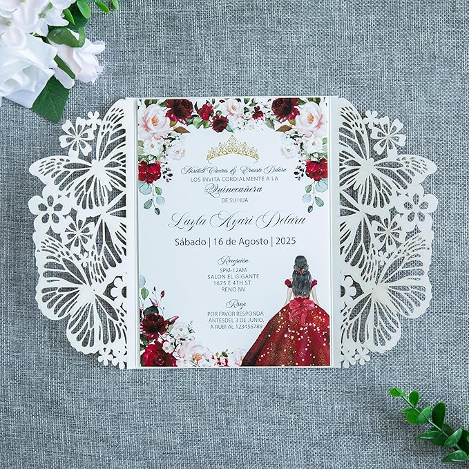 20 PCS 5.12x7.2 Butterfly Quinceanera Invitation, Laser Cut Wedding Invitation - Image 5