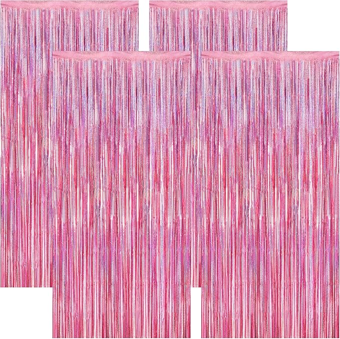 4 Pack Pink Backdrop, 3.28 FT x7.05 FT Foil Fringe Curtains, Metallic Glitter by ZATAYE